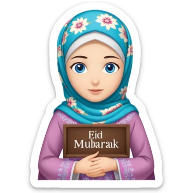 Turkish beautiful finish Konya girl blue eyes with floral hijab dress islamic dress and had on her hand text Eid Mubarak  sticker