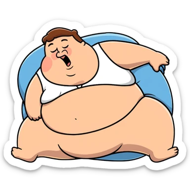 Peter Griffin from Family Guy with a huge pregnant belly, laying down on his back, sweating, exhausted expression, wearing his signature outfit sticker