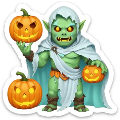 male orc warrior ghost emoji, green skin, tusks, wearing torn white ghost sheet costume, holding glowing jack-o'-lantern, faint blue aura, friendly but spooky expression, Halloween fantasy theme, Apple emoji style, clean white background, square sticker