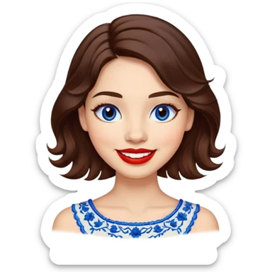 Cheerful woman with clear skin, round face, wide friendly smile, big light brown eyes, vibrant red lipstick, shoulder-length wavy dark brown hair, white top with blue embroidery and electric blue neckline sticker