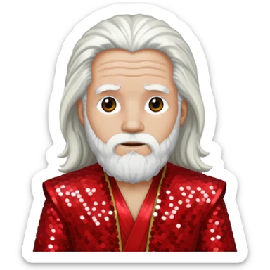 Moses from The Bible with long white hair, red sequin outfit sticker