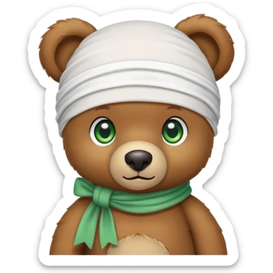 Cute brown teddy bear with innocent green eyes wearing a white wave durag perfectly tied, iOS emoji style sticker