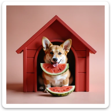 realistic red dog house with a Corgi dog inside, Corgi with a watermelon slice, photorealistic style sticker
