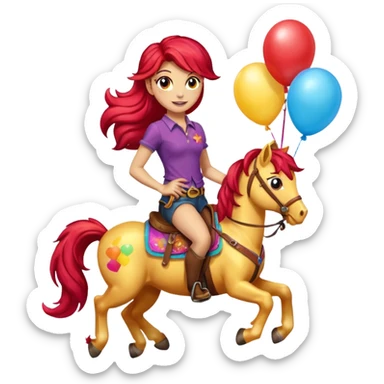 sunset shimmer mlp holding colorful balloons tied to its saddle, looking cheerful. sticker