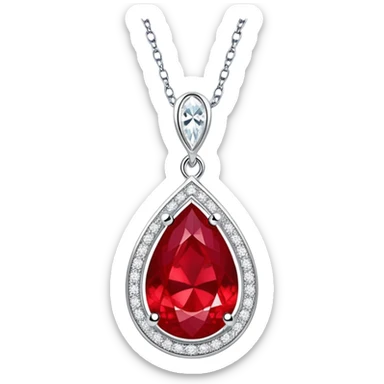 teardrop ruby pendant with a silver chain and shimmering white stones, glowing fiery red sticker