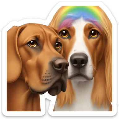 white male with long rainbow colored hair alongside a brown rhodesian ridgeback sticker