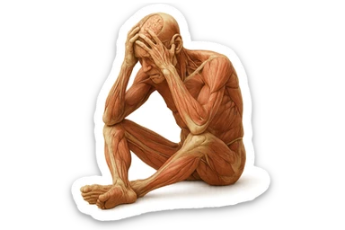 corpo umano anatomico realistico seduto a terra con postura delle spalle chiuse, mani sulla fronte ed espressione disperata in volto, isolato su sfondo bianco sticker