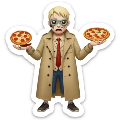 a glitch abomination with hands for a head, a baskeball stomach, pizza eyes, eyepatch, and zombie wounds, wearing trench coat sticker