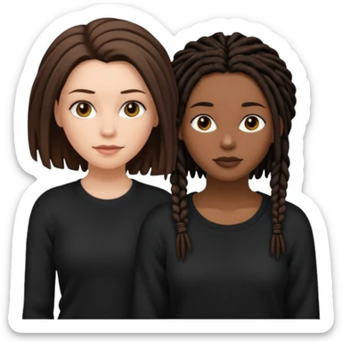 white woman brunette with very short hair and a black top. And black woman with long dread locks with a black sweater  sticker