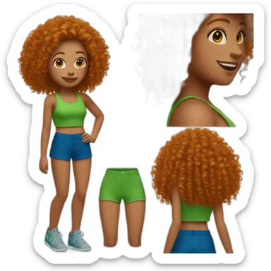 Curly Ginger woman, green crop top, blue shorts sticker