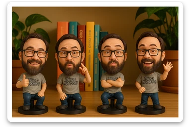 Create a group of bobbleheads featuring the person from the photo, each with a different playful pose and expression, in the bobblehead style. sticker