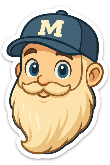 Edit the emoji to have blue eyes, keep the baseball cap with the letter M, long beard, in YouTube chat emoji style with transparent background. sticker