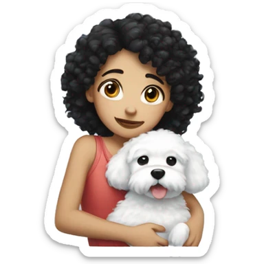 A girl with black curly hair hugging a white fluffy dog  sticker