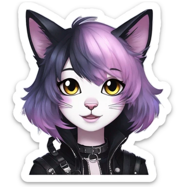 Gorgeous sparkly shiny epic magical gradient gothic dark techwear anime style anthro cat with blushing face aesthetic and pretty edgy black with collar and harness trending style sticker