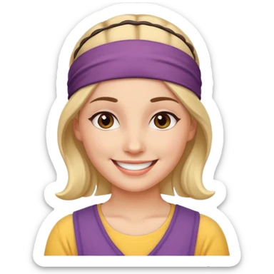 a smiling woman with a headband sticker