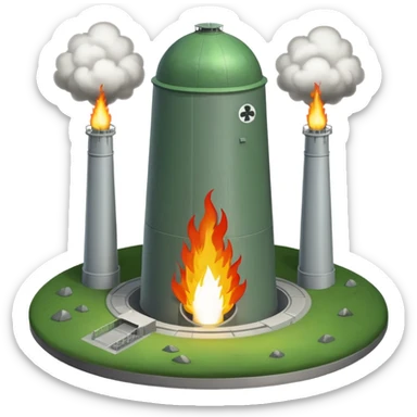 green landscape with sun in top of the background, there is a greynmissile silo hatch open, and the top two thirds of a white nuclear missile launching out of the silo is shown sticker