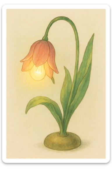 a lamp made out of a tulip flower, the bulb in the flower, drooping over, natural colors, soft, fairy-like atmosphere, no background sticker