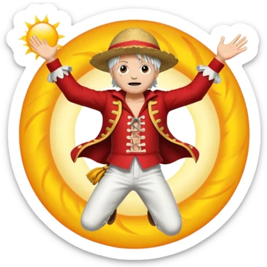 the king of the pirates (luffy) with white hair and clothes jumping in front of the sun sticker