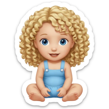 blonde curly hair blue eye baby girl sitting on the floor talking sticker