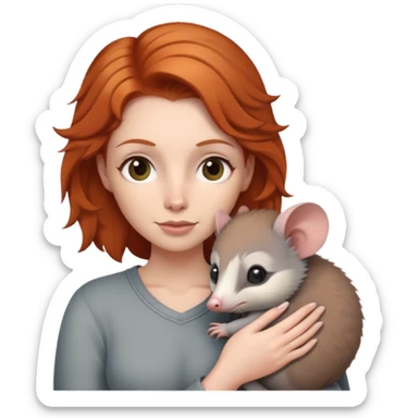 Ginger haired woman holding gray possum sticker