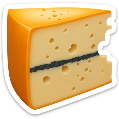 Make the blue-grey ash line in the center of the Morbier cheese wedge noticeably thicker, keeping the rest of the cheese details the same. Maintain the apple emoji style with soft lighting and subtle shadows. Transparent background, emoji scale. sticker