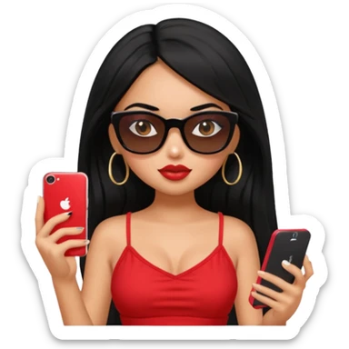 generate a pretty bratz girl with black hair, black sunglasses and a phone, red cami top sticker