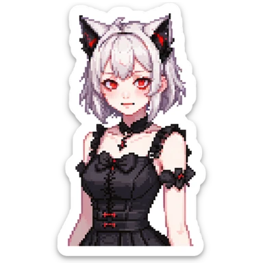 neko anime girl emoji, gothic black dress, glowing red eyes, fanged smirk, pale skin, cat ears, dark vibe sticker