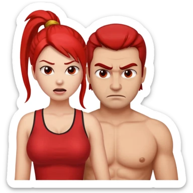 A red angry woman with really really big breasts, no clothes, ponytail hair, and some guy's really long penus between her breasts with some white cream on top of it, the girl and the guy are having sex, the girl is giving him a boobjob, and we see her from the guy's point of view sticker