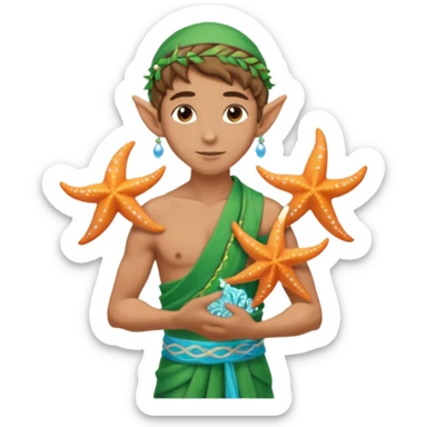 elf male Sarong with bioluminescent embroidery, armful of starfish, hair in a braid with pearl pins. sticker