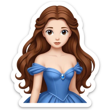 Cinematic Elegant Belle Portrait Emoji, rendered in a realistic, vector-style with minimal shading and bold, simplified shapes. Depict Belle (chest and above) with fair, luminous skin, deep brown expressive eyes, and long, flowing chestnut hair styled elegantly, wearing her classic blue ball gown. The image glows with a soft, warm radiance and high shine, capturing timeless refined beauty. sticker