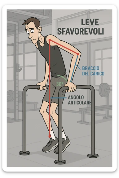 a tall, lean man with very long arms and a short torso attempts a dip on parallel bars. His elbows are deeply bent and his body appears awkwardly positioned, highlighting the mechanical disadvantage. An overlay shows anatomical lines and angles, with labels explaining “Leve Sfavorevoli” The background is a modern gym, with a focus on biomechanics. in italiano sticker