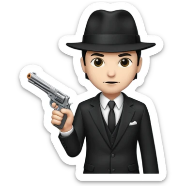 Mafia enforcer, suit and tie, black hat, gun sticker