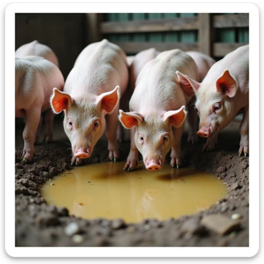 realistic scene of a group of pigs in a muddy pen, one pig lowering to drink from a yellowish puddle, rural atmosphere, natural details, 4K quality sticker