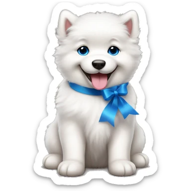 Samoyed puppy with big eyes and tongue smiling with blue Ribbon 
 sticker