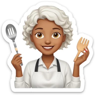 woman, brown skin, white short wavy hair, with apron sticker