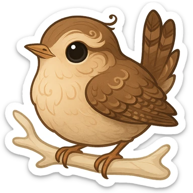 whimsical wren bird perched on a pale alabaster branch, elegant fantasy-inspired details, emoji style sticker