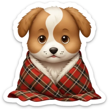 A puppy wrapped in a plaid blanket sticker