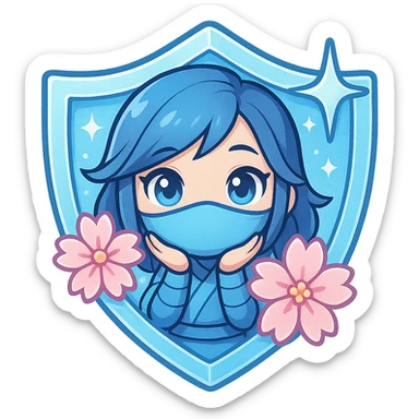 Change the badge color to diamond (icy blue/white with shimmer) for the Diamond rank, keeping the same design of a chibi ninja girl with sakura flowers and sparkly effects, maintaining the badge shape. The image should have a transparent background and be sized for Twitch or Discord use. sticker