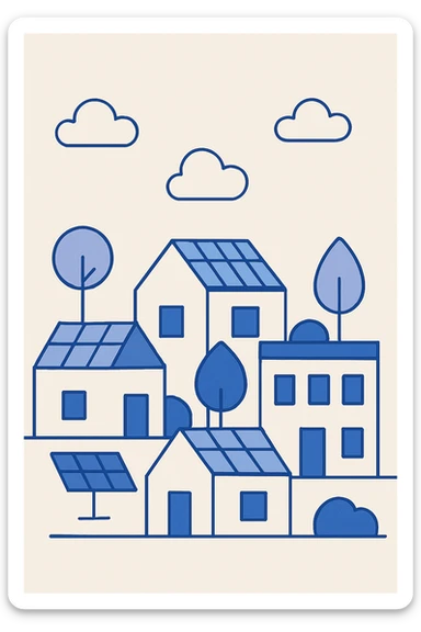 a modern village with solar panels, flat blue style sticker