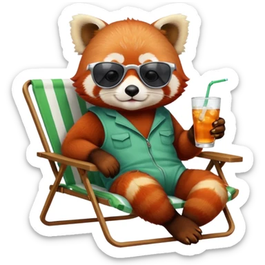 Red panda laying back on lawn chair with a drink wearing sun glasses sticker