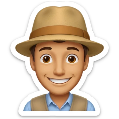 30s male wearing hat, big smile sticker