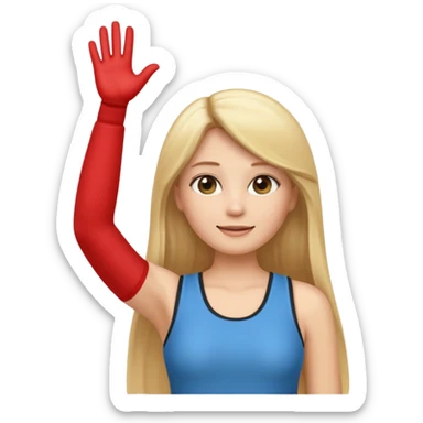 I want a white female animated gif emoji with long straight blonde hair putting hands up in the air. Wearing a tight no sleeve top  sticker