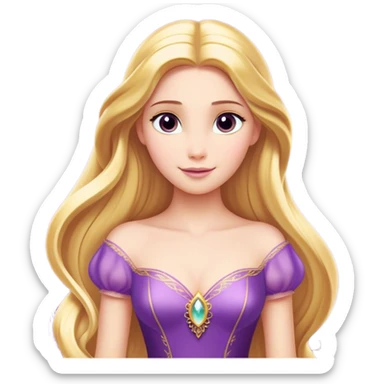 Cinematic Majestic Rapunzel Portrait Emoji, rendered in a clean, vector-style with bold, simplified shapes. Show Rapunzel with a serene, graceful expression, luminous fair skin, and elegantly styled long golden hair, accented by her classic purple gown. The design radiates a majestic, dreamlike glow with high shine and a soft glowing outline, embodying regal beauty. sticker