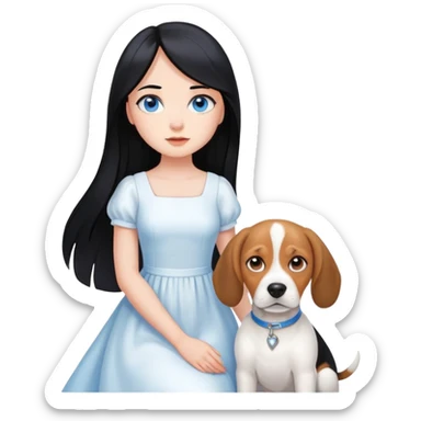 black hair girl with long hair blue eye white dress beagle dog sticker