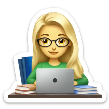 Blond beautiful girl studying with laptop and books sticker