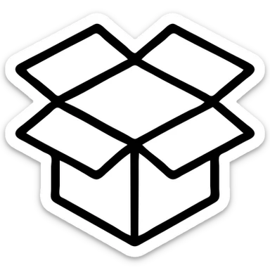 an open shipping box with flaps, black outlined icon style, no fill, minimalistic sticker