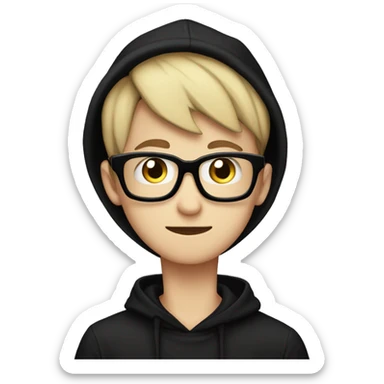 A 17 year old man with a black hoodie beane black hat and par off glasses make it in styleof apple emo sticker
