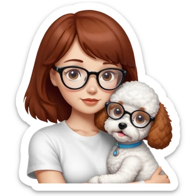 Mahogany haired girl with bangs, white glasses and a white t-shirt hugging a toy poodle dog sticker