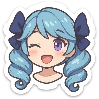 Gwen from League of Legends, happy expression, head only, right eye is purple, chibi style, blushing cheeks sticker