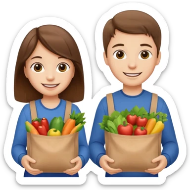 caucasian kids putting groceries in bags smiling brown hair sticker
